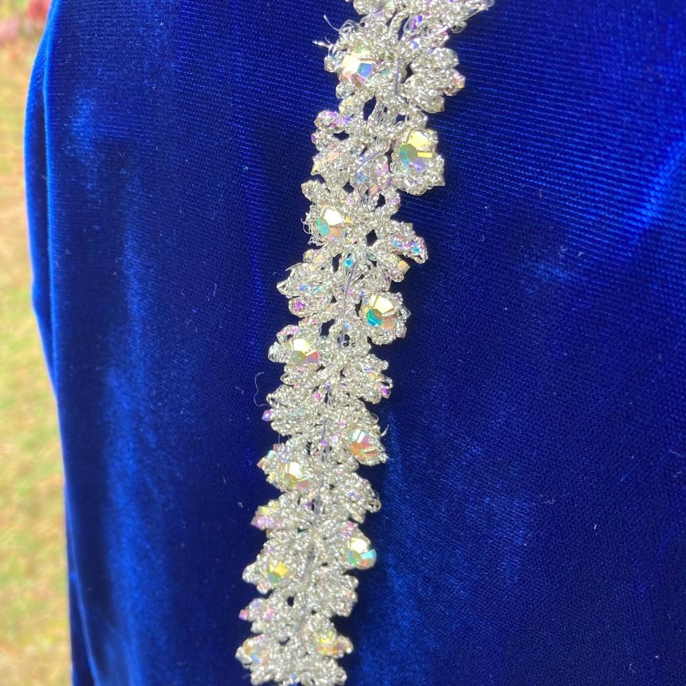 vintage 70s dress 1970s long sleeve velvet  deep blue rhinestone glitter | S-M | - Picture 5 of 9